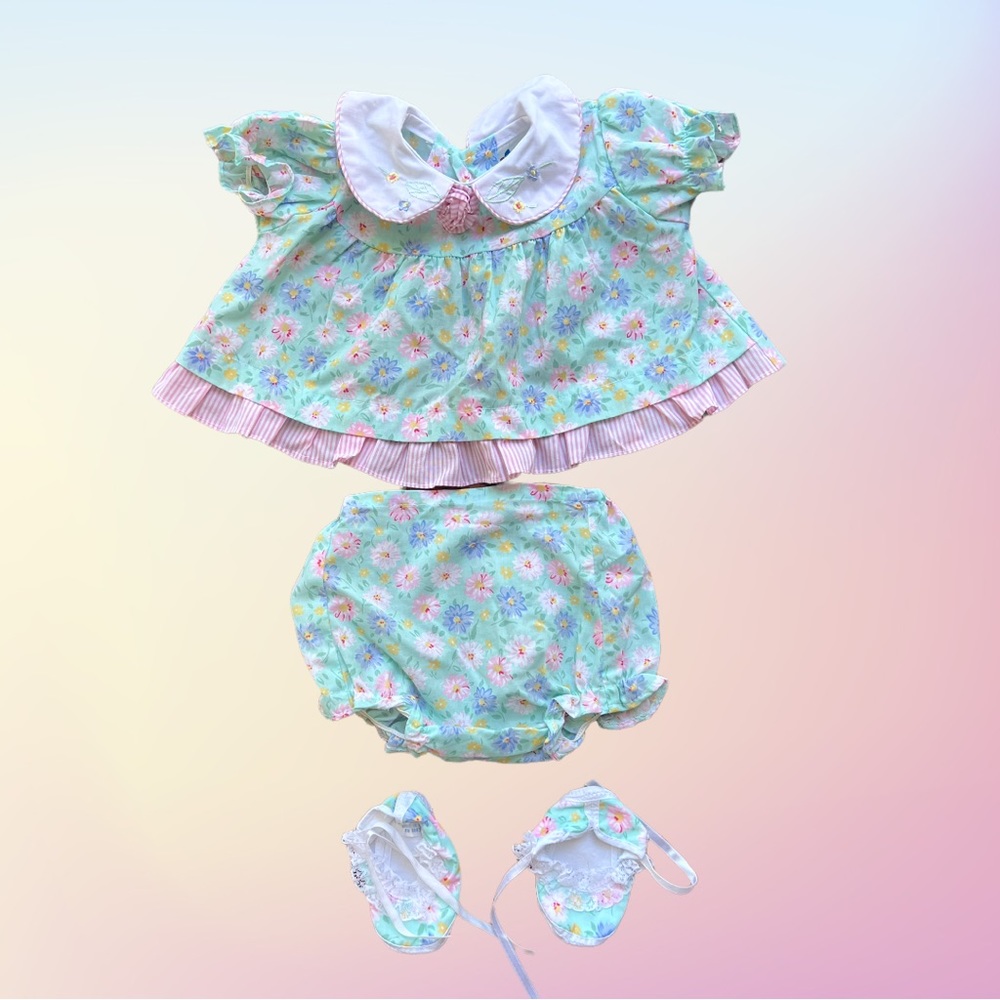 VTG 90's Cradle Togs Easter Green Pink Floral Dress Bloomers & Booties 0-6 mnths